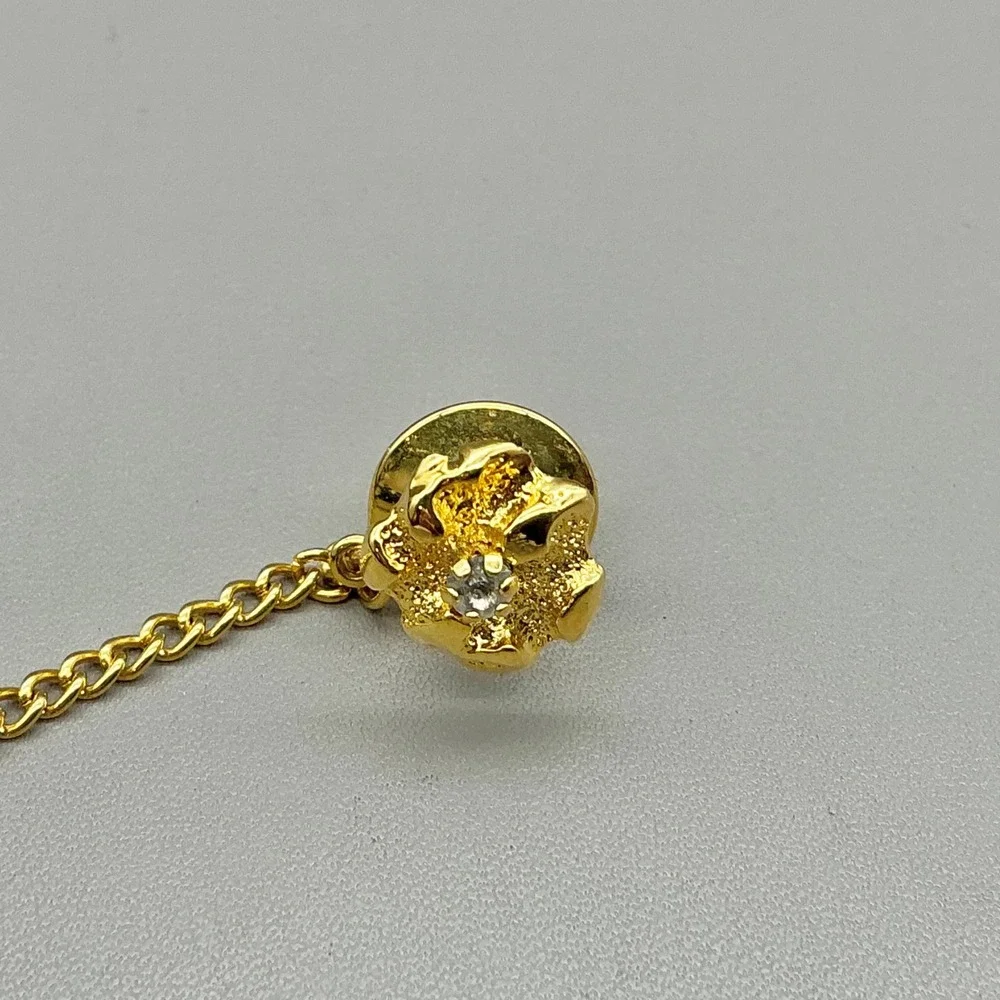 Vintage Gold Tone Tie Pin Flower Rhinestone Tie Tack Chain Bar Men's Accessory